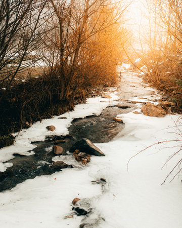 frozen river in winterの写真素材