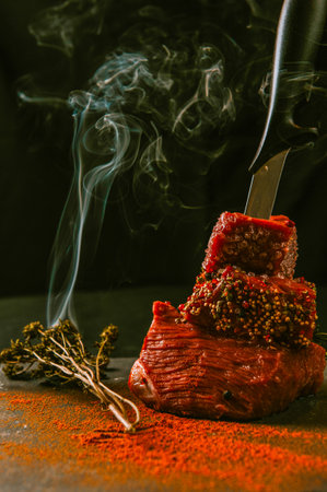 piece of meat on the tableの写真素材