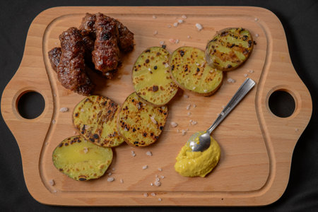 baked potatoes and sausagesの写真素材