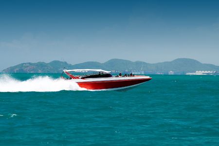 Motor boat in the bayの写真素材