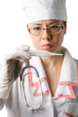 Female medic checking temperature, focused on thermometer