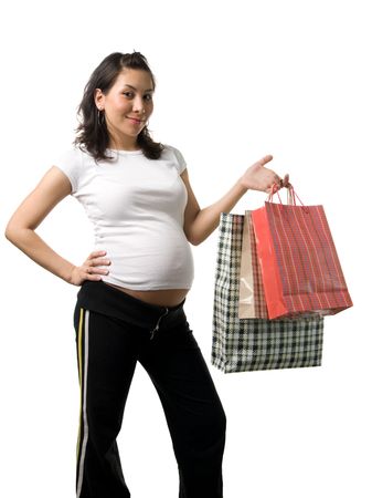 An asian pregnant woman shopping, isolatedの写真素材