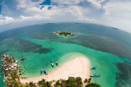 Fishe-eye photo of the beach on Langkuas island, Indonesiaの写真素材