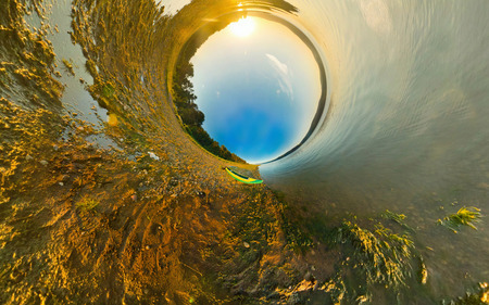 kayak on river coast. Stereographic panorama, a little planet