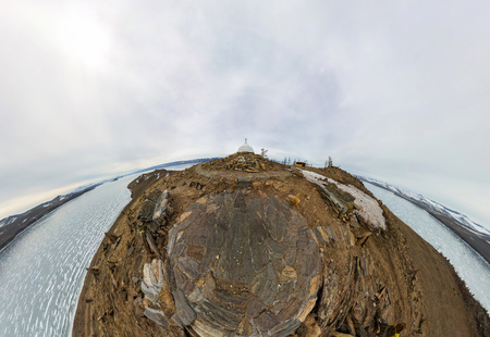 Aerial photo panorama Buddhist stupa of enlightenment Ogoy on an island in Lake Baikal.