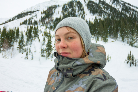 Mamay, Russia - December 7-11, 2016: Competitions freeride Mamay First Snow 2016 mountain near Mamay, on Lake Baikal in December 2016. Portraits of the finalists and the audienceのeditorial素材