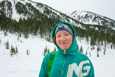 Mamay, Russia - December 7-11, 2016: Competitions freeride Mamay First Snow 2016 mountain near Mamay, on Lake Baikal in December 2016. Portraits of the finalists and the audienceのeditorial素材