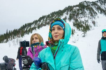 Mamay, Russia - December 7-11, 2016: Competitions freeride Mamay First Snow 2016 mountain near Mamay, on Lake Baikal in December 2016. Portraits of the finalists and the audienceのeditorial素材