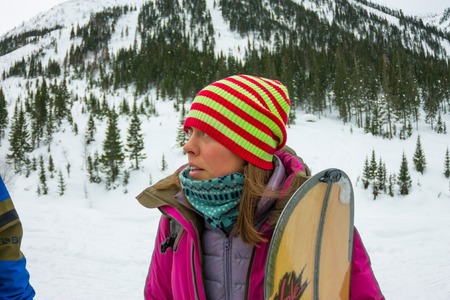 Mamay, Russia - December 7-11, 2016: Competitions freeride Mamay First Snow 2016 mountain near Mamay, on Lake Baikal in December 2016. Portraits of the finalists and the audienceのeditorial素材