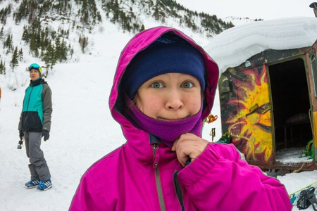 Mamay, Russia - December 7-11, 2016: Competitions freeride Mamay First Snow 2016 mountain near Mamay, on Lake Baikal in December 2016. Portraits of the finalists and the audienceのeditorial素材