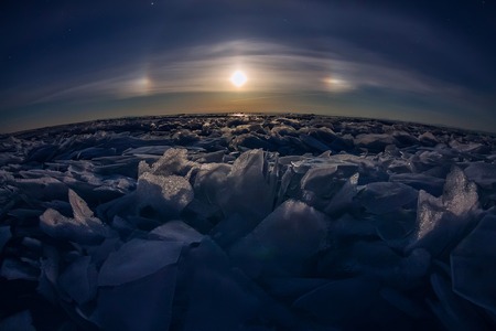 lunar halo of ice hummocks Baikal.の写真素材