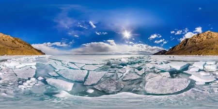 spherical panorama of 360,180 degrees Baikal ice hummocks in Olkhon Island.の写真素材