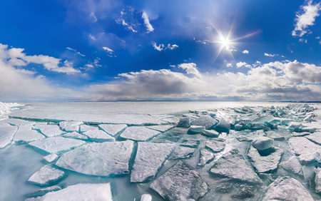 Wide panorama of Lake Baikal ice hummocks in Olkhon Island.