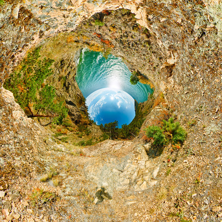 360 180 spherical panorama of a cliff above the water Baikal Sea.