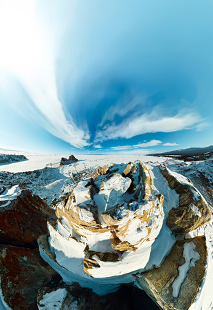 Shaman Cape on Olkhon Island, Baikal, fish-eye aerial.の写真素材