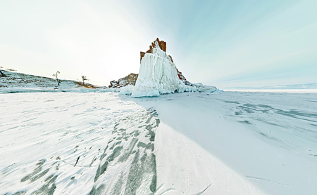 Wide aerial shaman Cape on Olkhon Island, Lake Baikal.の写真素材