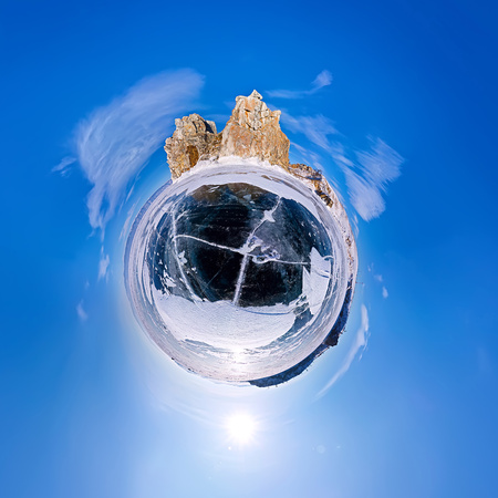 Spherical panorama 360 180 degrees Cape shaman on the island of Olkhon, Lake Baikal.の写真素材