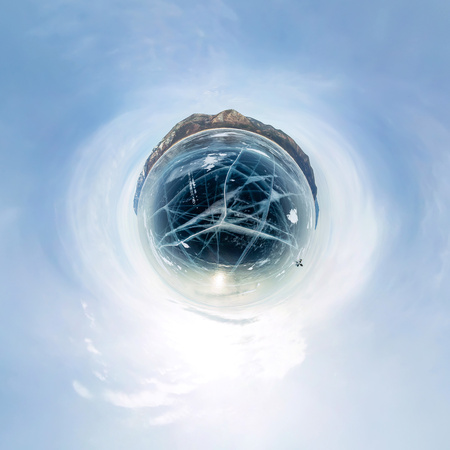 Cracks on blue ice of Lake Baikal from Olkhon. Spherical 360 panorama little planet.の写真素材