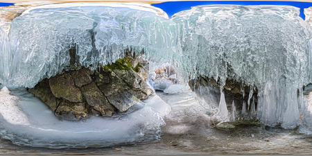 360 180 panorama dawn in an ice cave with icicles on Baikal, Olkhon.