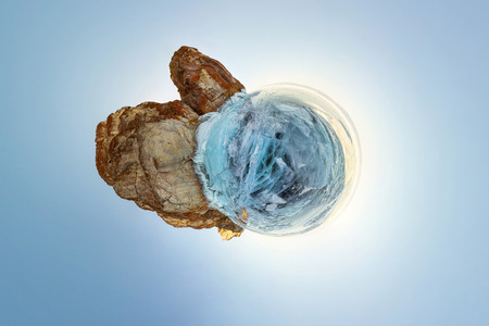 blue ice of Lake Baikal, the cliffs of the island of Olkhon. Tiny planet 360vr panorama.の写真素材