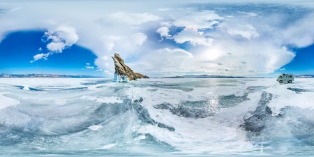 ice on winter Lake Baikal near Ogoy island. Siberia, Russia. Spherical 360vr panoramaの写真素材