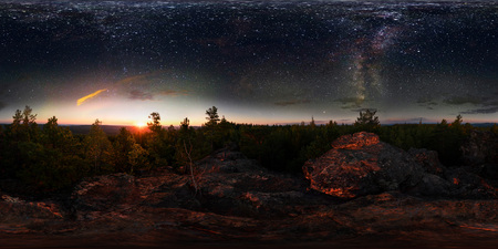 Dawn in the forest under the starry sky a milky way. 360 vr degree spherical panorama.