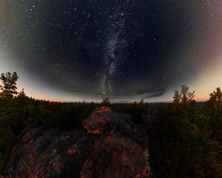 Dawn in the forest under the starry sky a milky way. Panorama