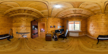 Interior of a nursery in a wooden house of beams, spherical 360Vr panoramaの写真素材