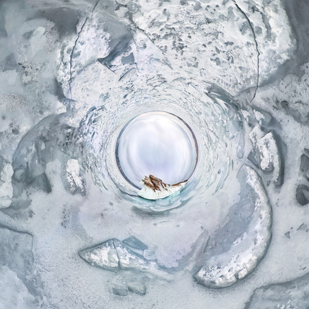 ice icicles on Ogoy island winter Lake Baikal. Siberia, Russia. tiny planet 360