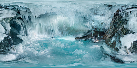 blue Ice cave grotto on Olkhon Island, Lake Baikal, covered with icicles. Spherical panorama 360vrの写真素材