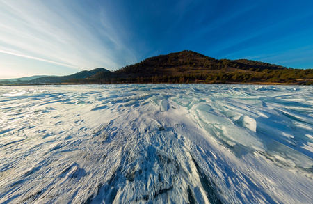 Panorama of the blue hummocks of Lake Baikal at sunsetの写真素材