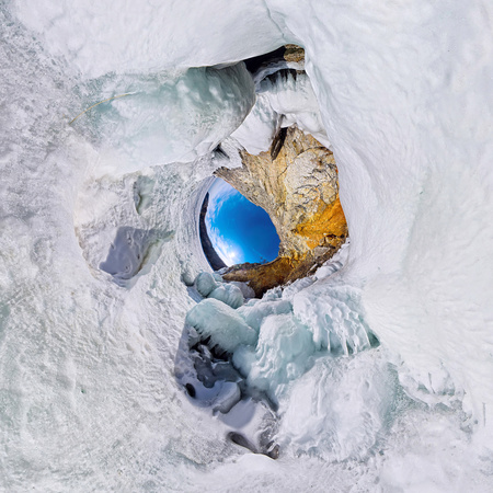 icy rocks of Olkhon Island are Lake Baikal. little planet 360 panorama