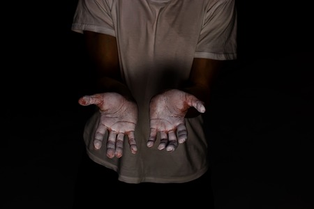 Close up hands of climber with white magnesium ready to climbの写真素材