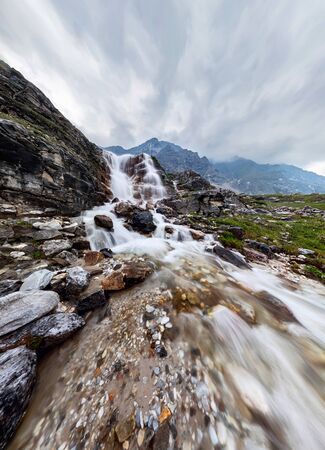Mountain waterfall stream in misty rainy weather in the valley flowersの写真素材