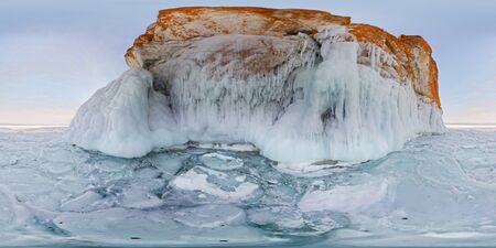 icy rocks of Olkhon Island are Lake Baikal. Spherical 360 180 vr panorama