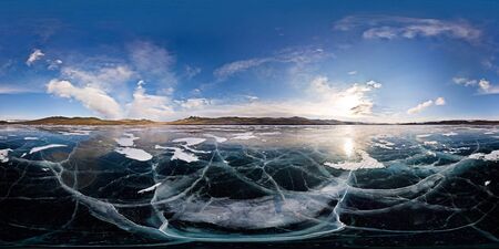 Cracks on smooth ice Lake Baikal. Spherical 360 180 vr panorama