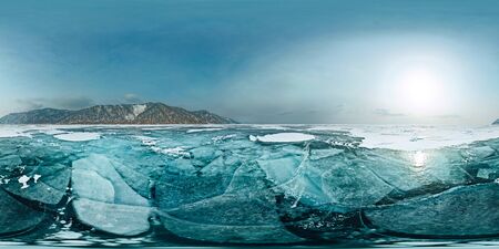 blue ice covered by cracks in winter Lake Baikal in the afternoon under a blue sky.. Spherical panorama 360vr.の写真素材