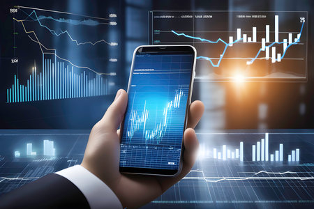 Close up of businessman hand holding smartphone with glowing forex chart interface. Trade and finance concept. Double exposureの素材