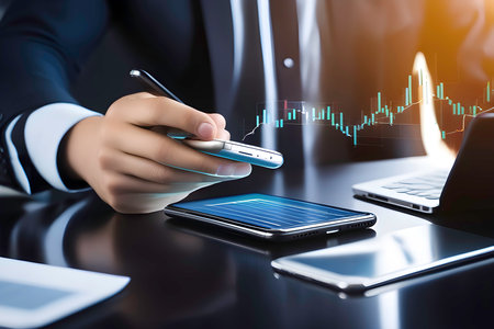 Businessman using mobile phone and digital tablet with financial chart on the screenの素材