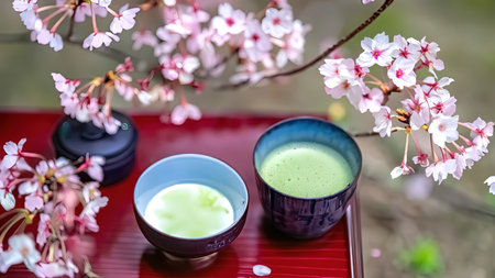 Japanese matcha green tea ceremony with cherry blossom in the backgroundの素材