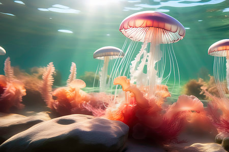 Jellyfish in the ocean. 3d render. Underwater world.の素材