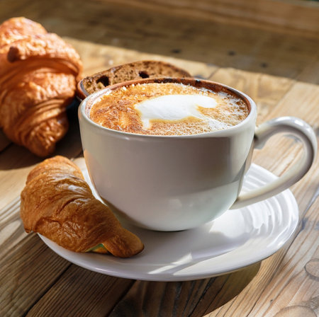 Cappuccino and croissants on a wooden table.の素材
