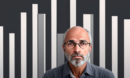 Portrait of a senior man with glasses against a background of bar chartsの素材