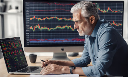 Side view of mature businessman working on computer while sitting at workplace in officeの素材