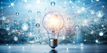 Glowing light bulb with social connection lines on city background. 3D renderingの素材