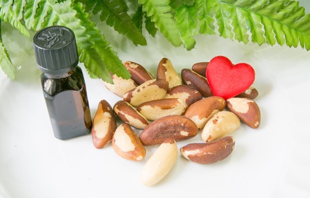 Brasil nuts, bottle of oil, green leaves and a heartの写真素材