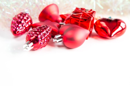 Closeup of red colored Christmas tree decorationsの写真素材