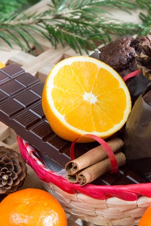 Close up maffins, oranges and chocolateの写真素材