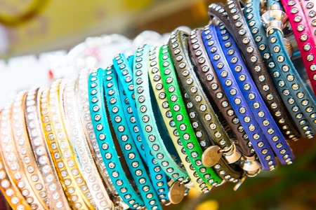 close up of colorful braceletsの写真素材