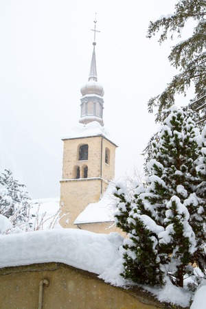 Church in Chamonix town, France, French Alps  in winterの写真素材